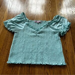 Blue Smocked Puff Sleeve Blouse